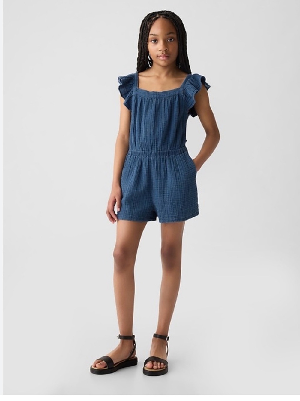 NWT GAP Blue Crinkle Cotton Flutter Sleeve Romper. Size 10